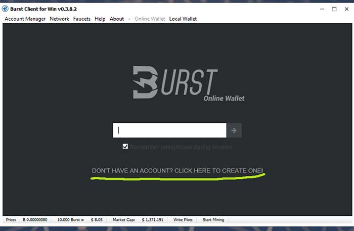 Создать новый кошелек Burst